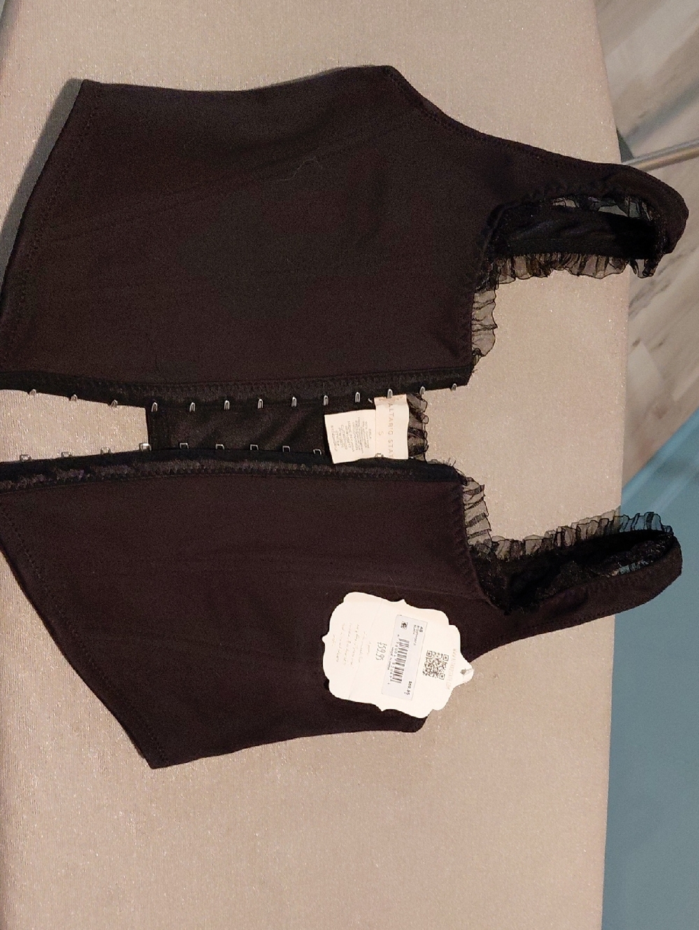 Altar'd State Black Hook-and-Eye Corset Top with Frilled Trim